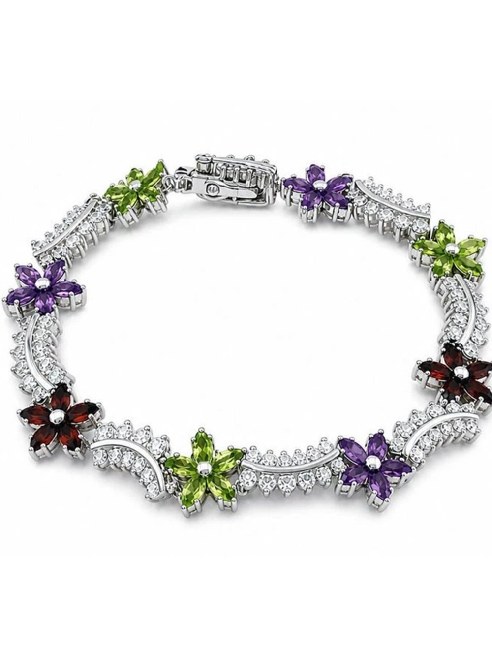 Genuine Amethyst, Peridot , Garnet & W/Sapphires Bracelet .925 Silver
